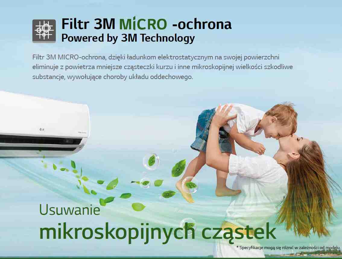 Filtr 3M MICRO-ochrona, dzięki ładunkom elektrostatycznym na swojej powierzchni eliminuje z powietrza mniejsze cząsteczki kurzu i inne mikroskopijnej wielkości szkodliwe substancje, wywołujące choroby układu oddechowego.